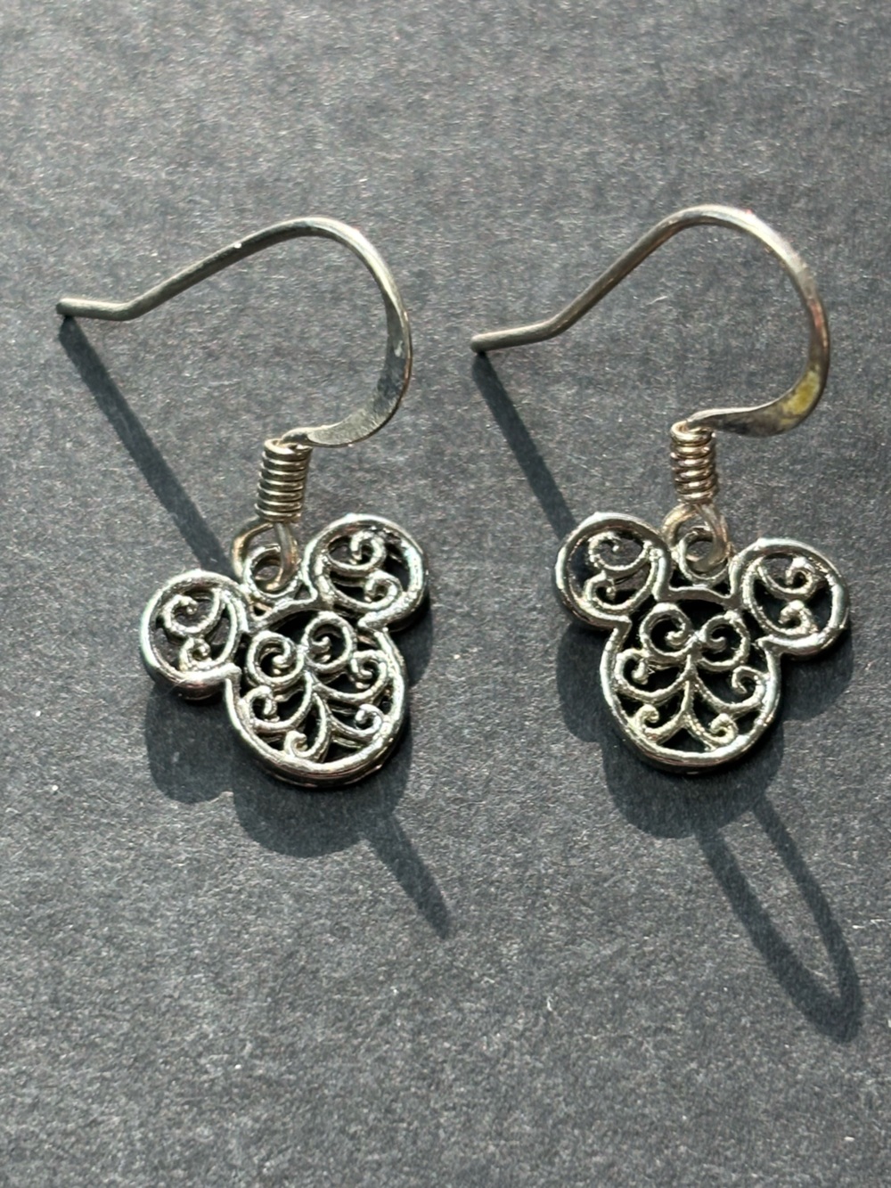 Disney Mickey Mouse Ornate Filigree Dangle Earrings Silver Tone